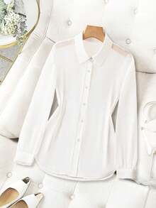 Franclia Basic Transparent Plain Simple Collared Shirt,Long Sleeve Tops Fall Cloth For Women - White - View 3