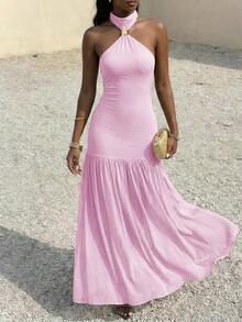 xheSHEIN Glamour Vestido elegante con cuello halter vintage para resaltar los hombros y el cuello, diseño sin espalda que destaca la belleza de la espalda, silueta de parte superior ajustada + falda plisada de cintura alta, tela elástica de la parte superior que se ajusta cómodamente a la figura, material plisado y liviano de la falda con excelente caída y fluidez para un movimiento dinámico, vestido formal largo para mujeres adecuado para galas, banquetes, alfombras rojas, citas y talla grandexhe - Rosa - Ver 3