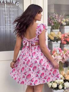 Plussiva Umstandskleid in Große Größen mit Blume Muster, Bindedetail und Volantärmeln - Pink - Übersicht 4