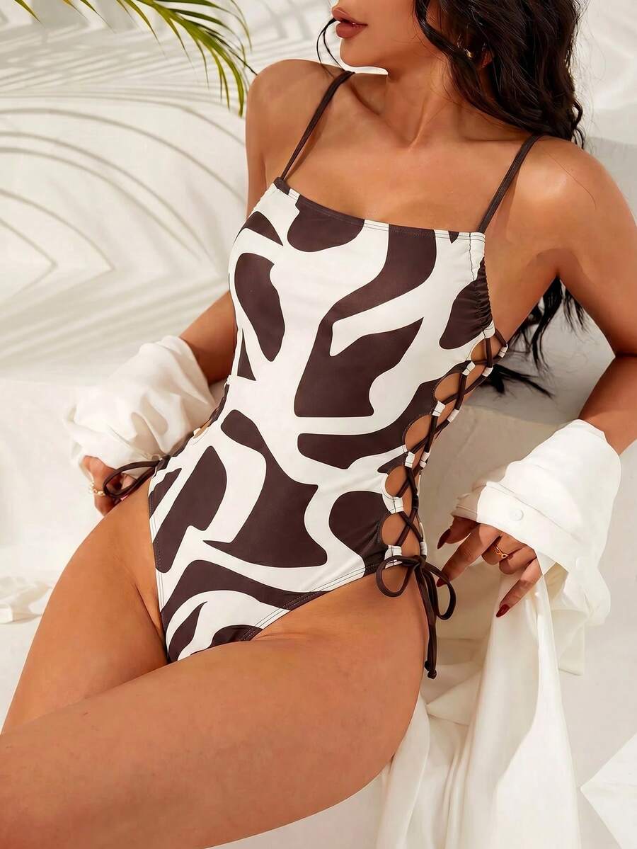 Swim Chiccia 女士性感豹纹系带露背连体泳衣,休闲百搭,适合春夏海滩派对,棕红色 - 棕色 - 查看 1