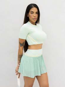 Maju Mazalli Set sportivo da donna multicolore in maglia a blocchi di colore con collo rotondo e maniche corte, set gonna da tennis, set da allenamento da donna in 2 pezzi, gonna da tennis plissettata, set gonna sportiva da donna - Multicolore - Visualizzare 5