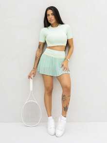 Maju Mazalli Set sportivo da donna multicolore in maglia a blocchi di colore con collo rotondo e maniche corte, set gonna da tennis, set da allenamento da donna in 2 pezzi, gonna da tennis plissettata, set gonna sportiva da donna - Multicolore - Visualizzare 6