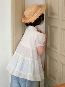 Dazy Kids Áo sơ mi đơn giản, dễ thương, phối ren, dành cho bé gái tuổi teen. - trắng - Xem 5