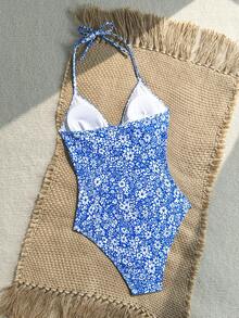 SHEIN 少女蓝白碎花V领露背连体泳衣，夏季海滩度假 - 藍白色 - 查看 2