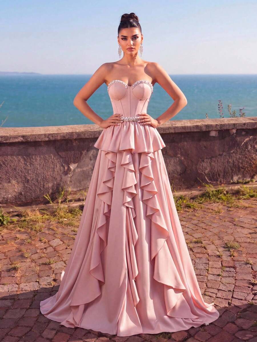 Aureia 优雅、浪漫、时尚、高贵的莲花粉缎面荷叶边水钻抹胸A字型正式派对礼服、婚礼宾客礼服、单身派对礼服、正式晚宴礼服 - 藕粉色 - 查看 1