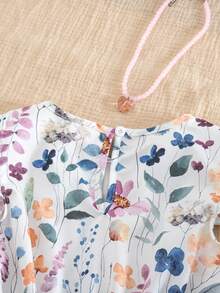 SHEIN Elladie kids 少女印花复古图案短袖收腰连衣裙 - 白色 - 查看 8
