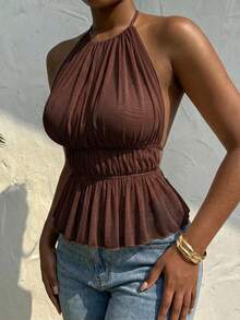 SHEIN SXY Elegant Sleeveless Brown Sheer Halter Top With Ruched Waist And Peplum Hem - Brown - View 10