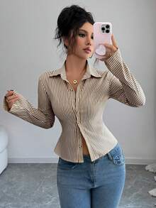 SHEIN Luminelle French Style Slim Fit Blue & White Striped Elegant Commuter Long Sleeve Blouse For Women - Brown - View 10