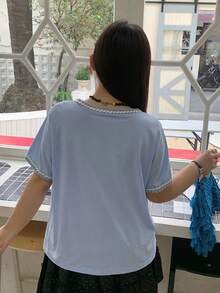 Dazy Plus Elegant Versatile Loose Fit Plus Size Blue Round Neck Patchwork Design T-Shirt For Women, Spring/Summer - Baby Blue - View 2