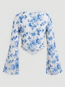 SHEIN Tween Girls' French Elegant Long Sleeve Textured Floral T-Shirt - Baby Blue - View 10