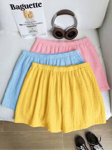 Comfortcana 3pcs/Set Plus Size Solid Color Linen Comfortable Casual Shorts, Suitable For Spring & Summer - Multicolor - View 7