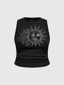 ROMWE Fairycore Plus Size Hippie Sunflower Cute Vacation Elastic Ruched Green Tank Top - Black - View 1