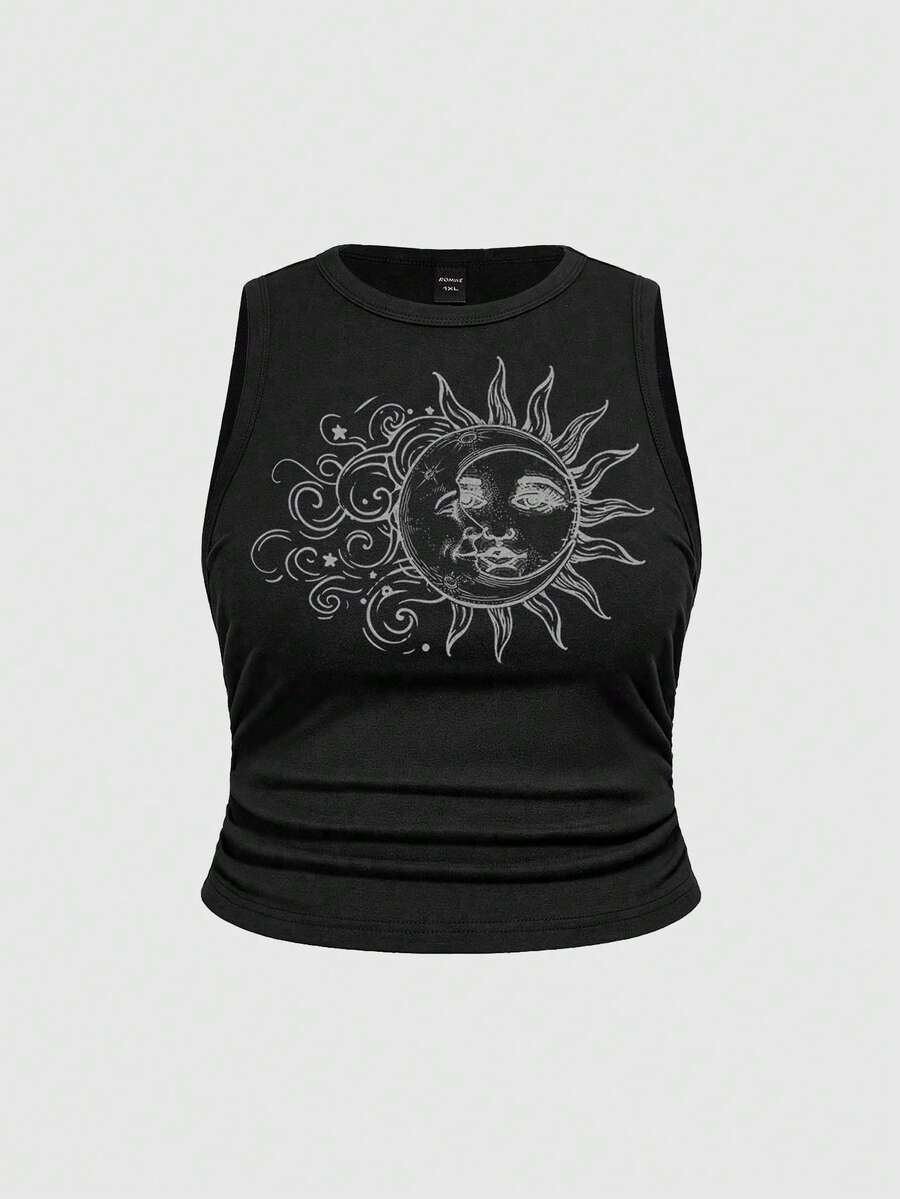 ROMWE Fairycore Plus Size Hippie Sunflower Cute Vacation Elastic Ruched Green Tank Top - Black - View 1
