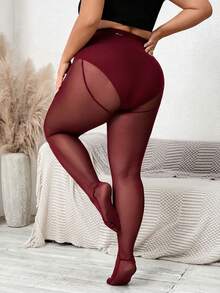 SHEIN PETITE CURVE 女士加大码，情人节，情人节长筒袜，黑色加大码紧身裤，防滑过膝长筒袜，黑色网眼拼接打底裤，休闲日常穿着，简约时尚 - 酒紅色 - 查看 2
