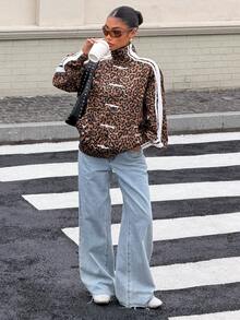 Muchica Women's Leopard Print Contrast Stripe Frog Button Jacket Casual Loose Fit Stand Collar Outerwear, Fashion Brown Animal Pattern Streetwear Coat - Brown - View 6