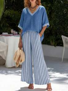 EMERY ROSE 2pcs Casual Commute Vacation Nautical Striped Short Sleeve Shirt And Pants Set, Summer Blue Striped With Pockets - Blue - View 3