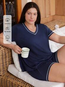 Doze Lane Casual Plus Size Pajama Set, Minimalist Loungewear Suitable For Outdoor Wear - Blue - View 5