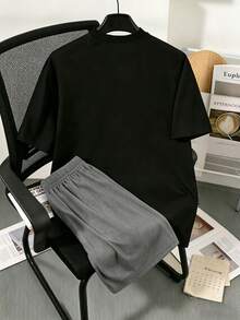 青少年男孩趣味英文标语印花设计，时尚圆领短袖T恤短裤套装，运动服，适合假日派对，轻盈舒适，春夏皆宜，时尚休闲装，街头风，返校季，户外野餐，摄影，校园，假期，礼物 - 黑色 - 查看 2