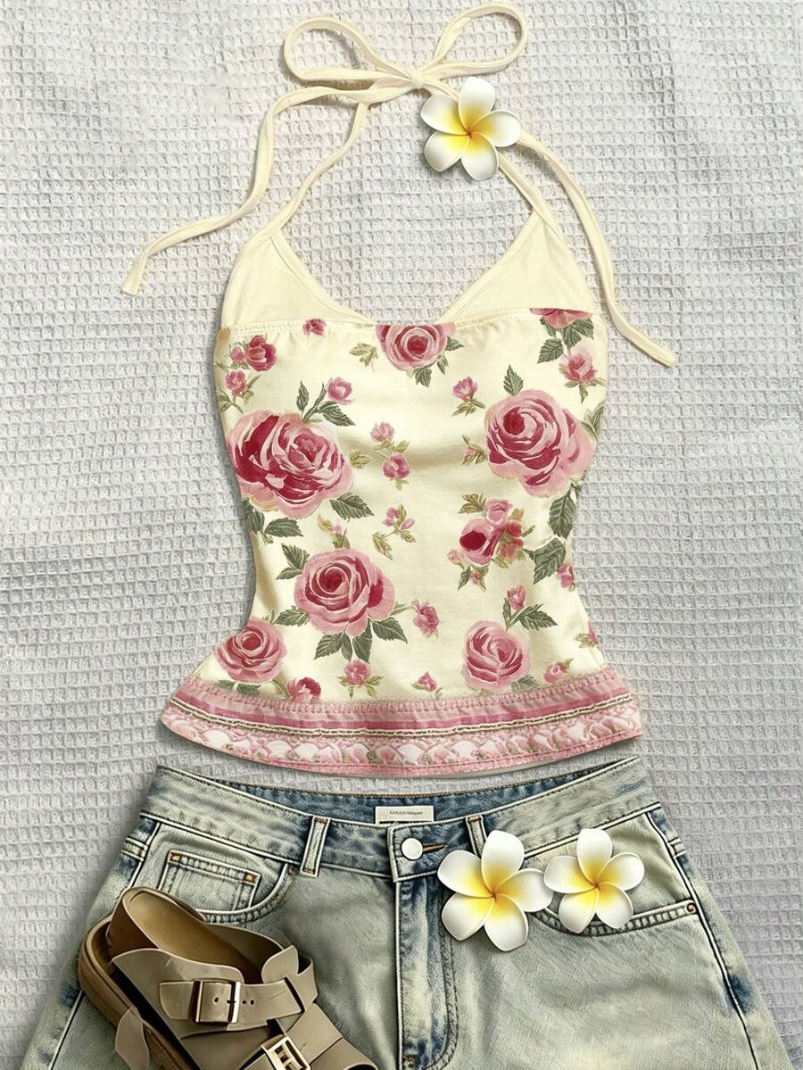 INAWLY Women's Floral Print Casual Halter Neck Top - Multicolor - View 1