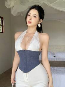 Joudiya 春夏仿牛仔蓝开衫吊带背心，音乐节时尚，情人节婚礼休闲海滩度假蕾丝拼接女式背心 - 藍色 - 查看 3