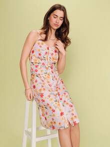 lacRébo Vestido midi con flores de lila, con botones delanteros y escote de corazón, vestido casual de primavera y verano para vacaciones, vestido con flores, vestido de estilo francés - Morado - Ver 5