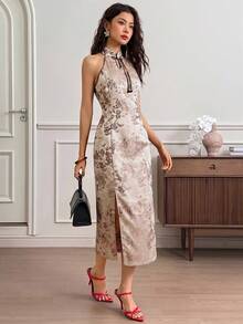 EastFlair Vestido midi elegante con cintura ceñida y estampado integral, adecuado para fiestas y reuniones - Café - Ver 3