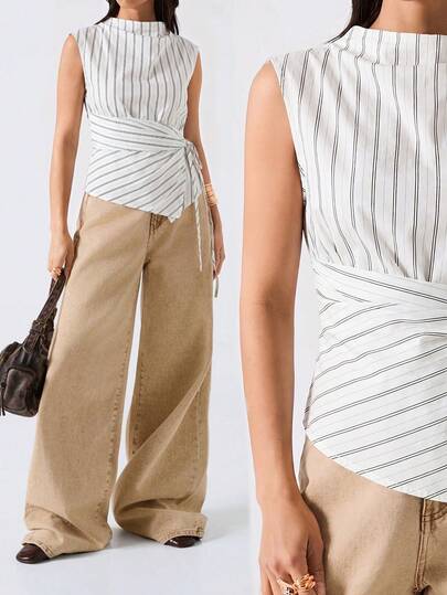 LYSMO Áo tank top thời trang tối giản màu trắng kẻ sọc mới năm 2026 dành cho nữ, kiểu dáng xếp ly, buộc dây phía trước, thích hợp cho mùa hè.