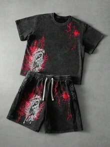 Manfinity Roghcode 男士青年街头风两件套，包括一件纯棉短袖T恤和一条宽松短裤，弹力腰带针织运动裤，做旧棉质面料，街头、哥特、嘻哈风格，适合主题派对、说唱歌手装扮、时尚街头服饰、节日礼物、男友礼物。 - 黑色 - 查看 7