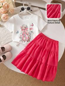 Elladie kids Set de 2 piezas con camiseta de manga corta de cuello redondo y falda con estampado floral lindo para niñas - Rosa - Ver 2