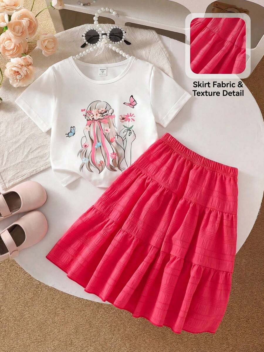 Elladie kids Set de 2 piezas con camiseta de manga corta de cuello redondo y falda con estampado floral lindo para niñas
