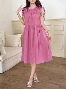 Feyla Đầm xếp ly thắt nút không tay dành cho nữ, thích hợp cho kỳ nghỉ hè, phong cách thường ngày. - Hồng - Xem 1