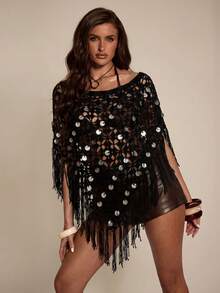 SHEIN BAE Khăn choàng dáng bất đối xứng khoét rỗng, đính sequin tua rua, phong cách bãi biển mùa xuân/hè. - màu đen - Xem 8