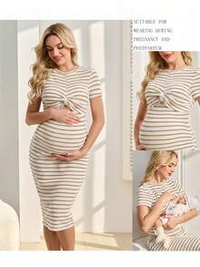 GentleRue Maternity 孕婦休閒條紋扭結前襟短袖哺乳洋裝，夏季度假海灘假日穿搭，舒適女款 - 黃色 - 查看 9