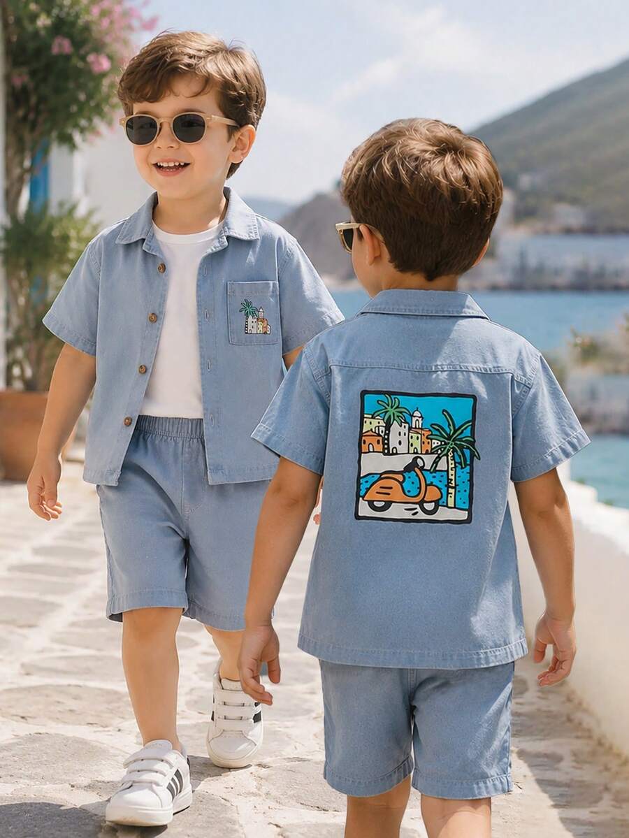 SHEIN Bộ 3 món cho bé trai: áo sơ mi denim, quần short và áo phông in hình trái cây, trang phục thường ngày cho kỳ nghỉ hè. - Màu xanh lam - Xem 1