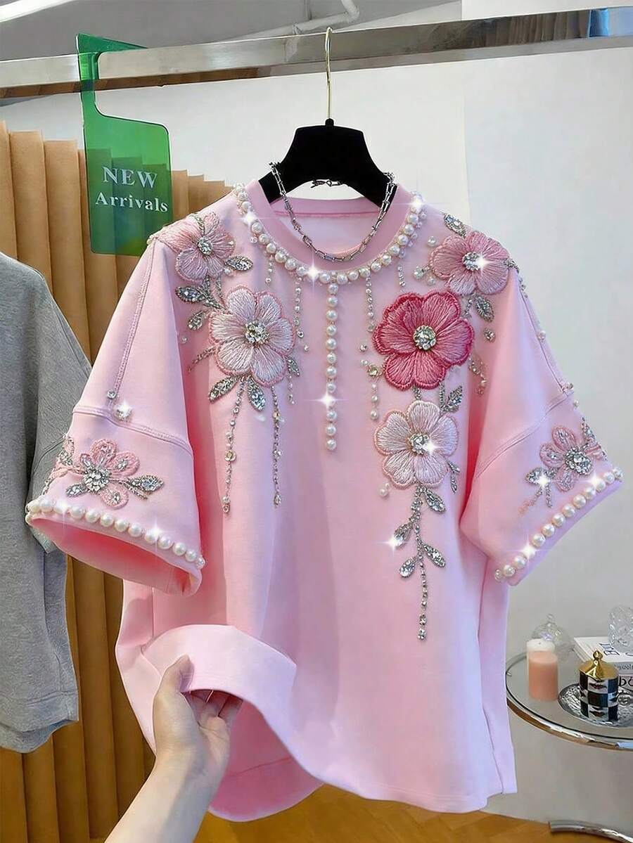 GlowEve CURVE Áo thun dáng rộng tay cánh dơi thanh lịch dành cho nữ cỡ lớn, thêu hoa, đính ngọc trai giả và đá quý. - Hồng - Xem 1