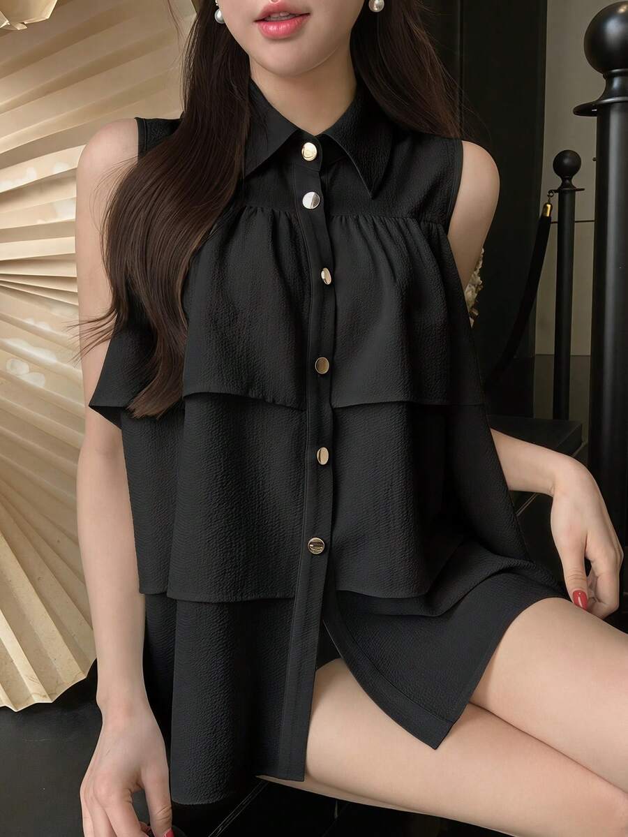 FRIFUL Women's Regular Turndown Collar Metal Button Decor Loose Multi-Layer Ruffle Patchwork Loose Solid Color Summer Blouse - Black - View 1