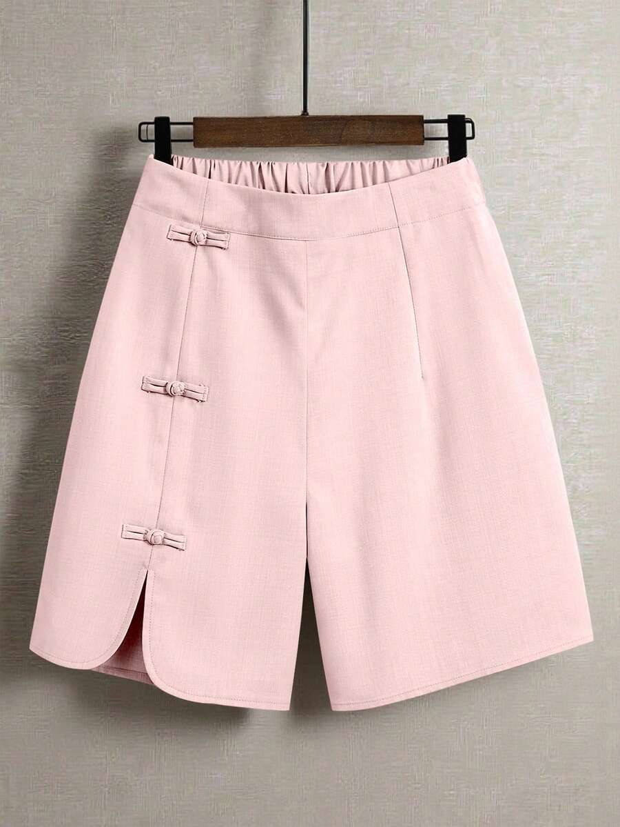 EMERY ROSE Women's Casual Commute Daily Outing Elastic Waist Round Slit Design Chinese Knot Button Decoration Shorts - Baby Pink - View 1