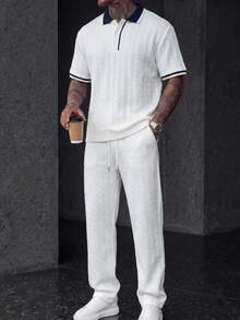 Manfinity CasualCool 男士休閒通勤短袖長褲 Polo 衫套裝，白色針織提花短袖上衣搭配白色長褲 Polo 衫套裝，適合日常休閒、通勤、旅行、戶外活動、輕鬆工作環境或半正式場合 - 白色 - 查看 3