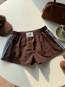 Comfortcana 2 chiếc quần short nữ cạp chun kẻ sọc dáng rộng, thích hợp cho mùa hè và mùa đông, đi chơi thường ngày, thể thao, phong cách Y2K, Giáng sinh, Năm mới. Quần short màu nâu Y2K, trang phục mùa hè cho nữ. - Nhiều màu - Xem 6