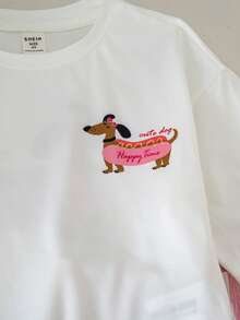 SHEIN 2pcs/Set Young Girl Solid Color Cute Puppy Pattern Loose Casual T-Shirt And Striped Shorts Set - Multicolor - View 10