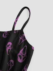 ROMWE Plus Size Women Gothic Palace Dark Face Print Petal Sleeve Dress - Black - View 3