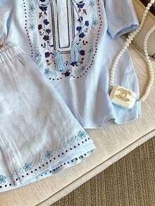 EMERY ROSE Women's Notched Neck Short Sleeve Vintage Summer Tie-Front 2 Pieces Set - Multicolor - View 5