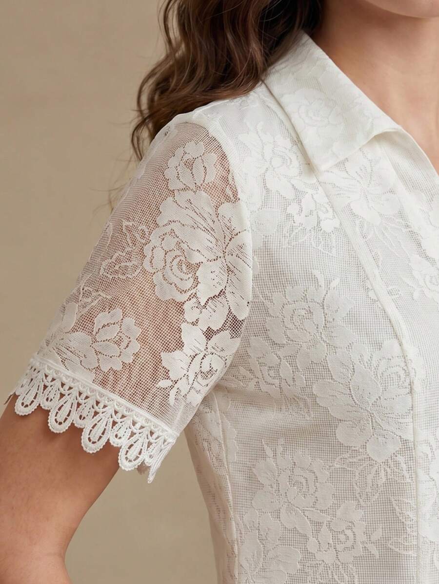 Anewsta Áo sơ mi nữ tay ngắn ren trắng thanh lịch, áo polo cổ chữ V duyên dáng, thích hợp cho đi làm, đi nghỉ mát, hẹn hò, trang phục dã ngoại. - trắng - Xem 1