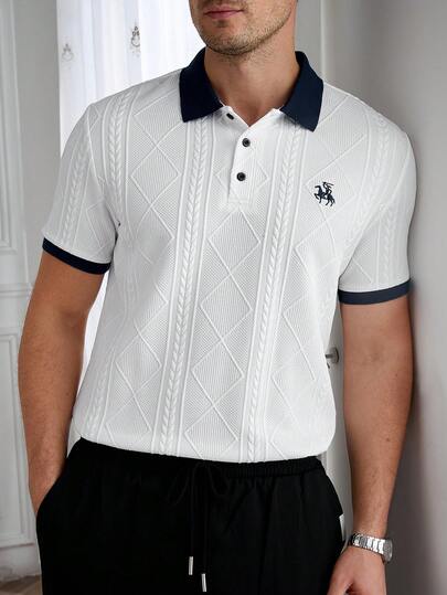 Core Aspect Men's Fashion Casual Commute Short Sleeve Polo Shirt, Men's Jacquard Knit Top, Men's Button Knit Polo Shirt, White Knit Short Sleeve Polo Shirt, Men's Patterned Short Sleeve Polo Shirt, Retro Style, Suitable For Casual Daily Wear, Weekend Travel, Outdoor Activities, Adventure Travel, Relaxed Work Environment Or Semi-Formal Occasions, Can Be A Gift For Boyfriend/Husband, Anniversary/Birthday, Party, Summer Vacation, Beach Outfit, Hawaiian Wedding, And Spring/Summer Wear.