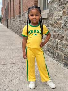 SHEIN Young Girl Letter Print Contrast Color Round Neck Short Sleeve T-Shirt And Casual Pants Set - Multicolor - View 2
