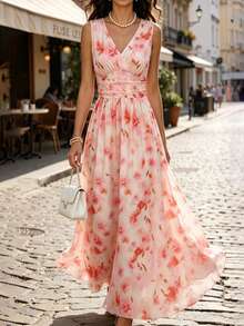 SHEIN LUNE Women V-Neck Floral Print Sleeveless Waist Cinched Elegant Romantic Dress, Blush Pink, Summer, Holiday, Tea Party Vacation, Boho Style, Beach, Wedding - Multicolor - View 1