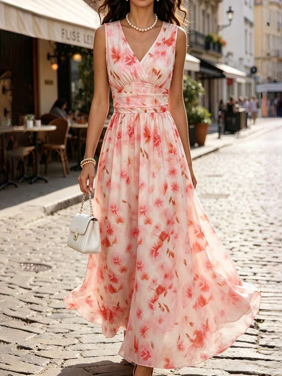 SHEIN LUNE Women V-Neck Floral Print Sleeveless Waist Cinched Elegant Romantic Dress, Blush Pink, Summer, Holiday, Tea Party Vacation, Boho Style, Beach, Wedding - Multicolor - View 1