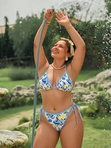 Swim Mod Bộ bikini 3 mảnh gợi cảm mùa xuân/hè 2026 mới về, in kỹ thuật số, có đệm mút rời, dây buộc nơ phía sau, quần tam giác viền ren thanh lịch, phong cách nghỉ dưỡng thường ngày. - Nhiều màu - Xem 3