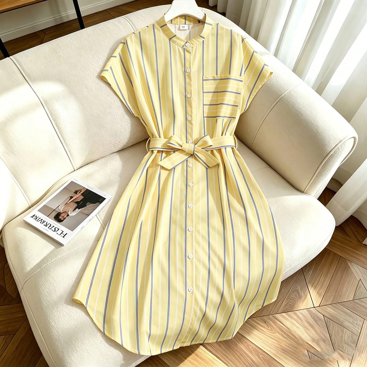Pieza Vestido de verano casual de moda clásica y cómoda para adolescentes, vestido camisero de manga corta a media pierna con cuello alto a rayas am
