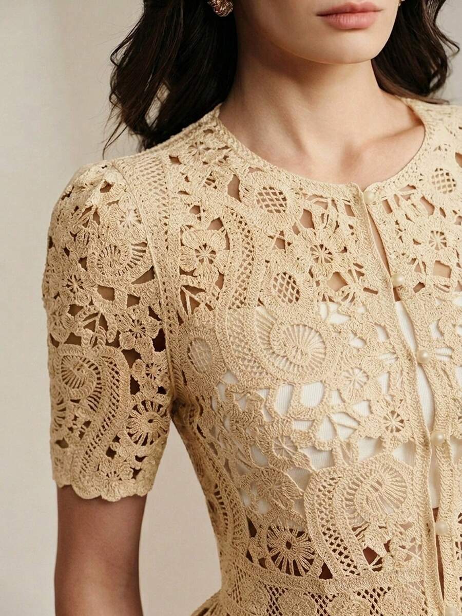 Anewsta Áo dệt kim peplum hoa rỗng kiểu Pháp thanh lịch dành cho nữ, mùa hè. - Màu be - Xem 1